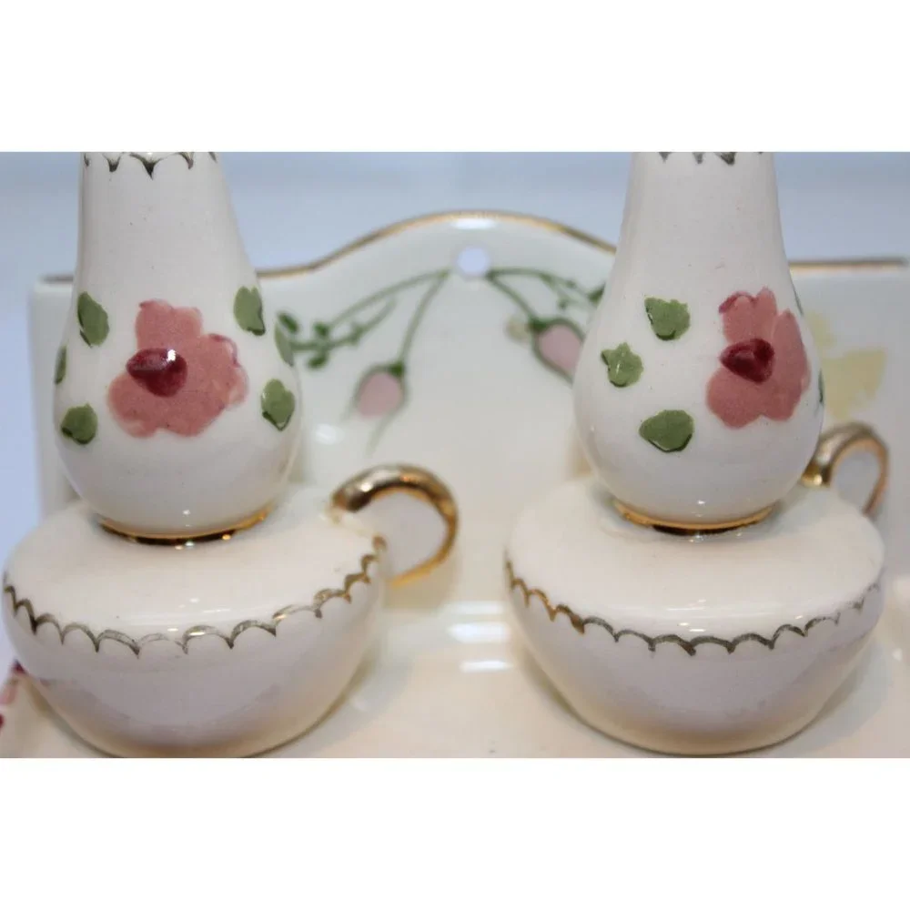 Salt & Pepper Shakers - Vintage Poinsettia Studios CA Ceramic Lanterns & Tray